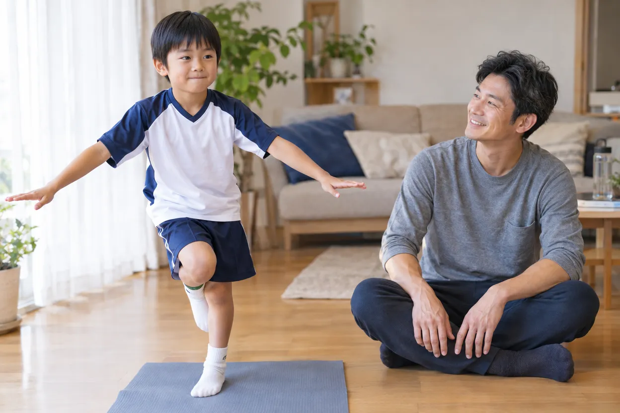 自宅で片足立ちをする小学生と、横で見守る父親